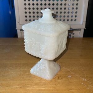 Anchor Hocking white milk glass candy dish with a square pedestal base and a lid